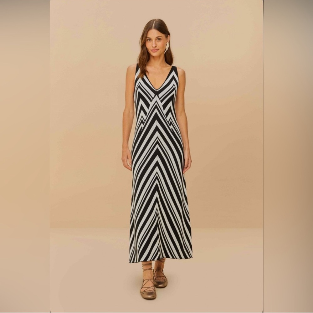 Farm Rio Black And White Stripes Knit Midi Dress